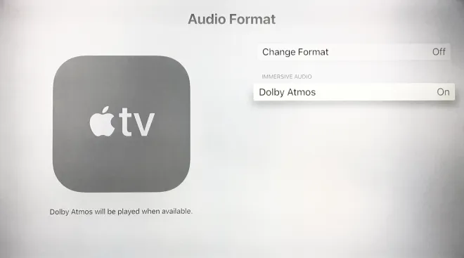 Audio Format Menu Apple TV 4K with Dolby Atmos